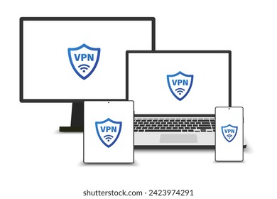 Virtual private network. Data security and Secure VPN connection concept. VPN symbol on the screen of a laptop, PC, smartphone, and tablet. Vector illustration isolated on white background.