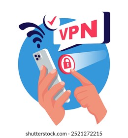 Virtual private network. Human using VPN on smartphone. System to protect personal data. Secure network connection and privacy protection. Cyber security. Vector illustration flat design.