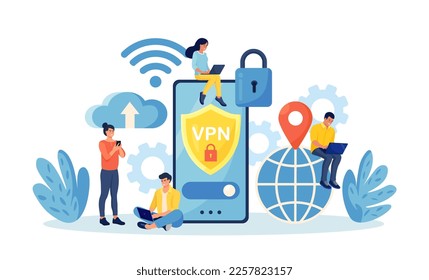 Virtual Private Network. People Using VPN Technology System to Protect his Personal Data in Smartphone, Computer. Secure Network Connection and Privacy Protection. Cyber Security, Traffic Encryption