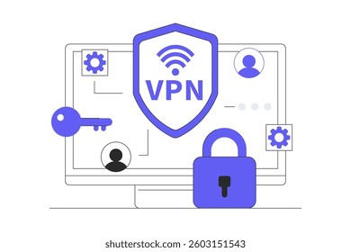 Virtual private network, Secure web traffic, Encrypted data transfer, VPN access, Digital personal data protection, Remote server, Secure router access, Safety on internet. Flat Cartoon Vector icon