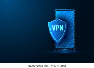Virtuelles privates Netzwerk VPN, Cybersicherheit, Privatsphäre, sicheres Surfen futuristisches Konzept. Smartphone und Schutzschild auf dunkelblauem Hintergrund. Glühend niedriger polygonaler Stil. Vektorillustration.