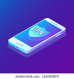 Virtual private network, VPN, Data encryption, IP substitute. Smartphone vith Security Shield. Cyber security and privacy, Isometric personal data protection. Privacy Protection. Vector Illustration.