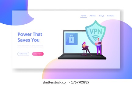 Virtual Private Network, VPN Landing Page Template. Website Encryption, Data Security and Privacy in Internet. Tiny Characters on Huge Laptop with Lock on Screen. Cartoon People Vector Illustration