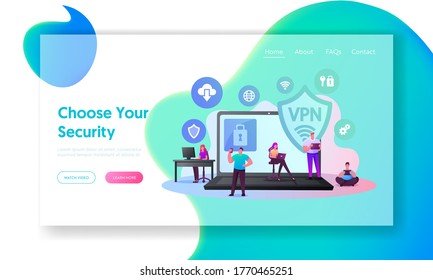 Virtual Private Network, VPN Landing Page Template. Tiny Characters at Huge Laptop with Lock on Screen. Wbsite Encryption, Data Security and Privacy in Internet. Cartoon People Vector Illustration