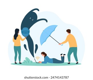 Virtual Private Network, VPN service. Tiny people protect online connection and data from cyber attacks with umbrella and secure software, using system of proxy servers cartoon vector illustration