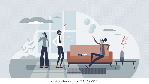 Virtual property tour with VR apartment tour experience tiny person concept. 3D simulation with 360 excursion in new house or real estate vector illustration. Distant interactive realtor visualization