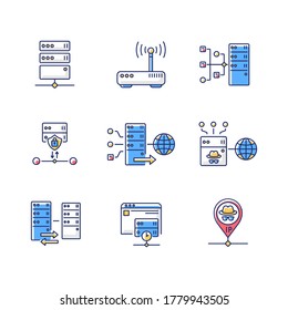 Virtual proxy servers RGB color icons set. VPN services, internet routing technologies. Internet connection through secure server. Isolated vector illustrations
