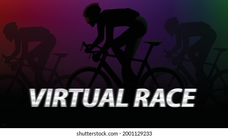 Virtual Race Cycling Concept. Virtual Roadbike Cyling Championship. Silhouette Cyclist In Front Of Abstract Background. Vector Illustration