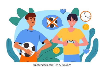 Juego virtual y real. Niño con balón de fútbol cerca de adolescente con gamepad. Competencia y torneo deportivo, campeonato. Jugador con amigo. Ilustración vectorial plana de dibujos animados aislada sobre fondo blanco