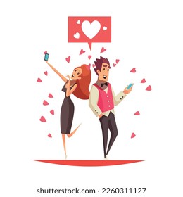 Composición de amor virtual y real de pictogramas de aplicaciones de citas en línea y personas en ilustraciones de vectores de amor