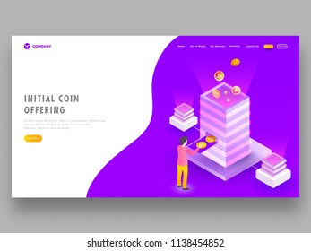 Virtual to real money exchange concept with isometric illustration of crypto servers and man exchange his currency. Web template or hero banner design.