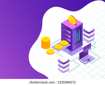 Virtual to real money exchange concept based isometric design, illustration of mini crypto server connected to laptop on grid background.