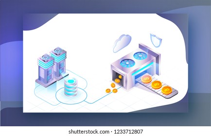 Virtual to real money exchange, crypto Server verbunden mit Datenbank für Cryptowährung Exchange Konzept basiert isometrische Design.