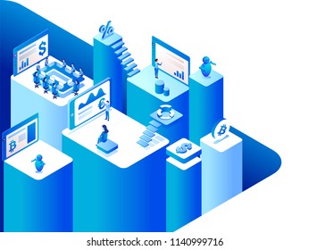 Virtual to real money exchange platform with 3d illustration of working people or executive process the data.