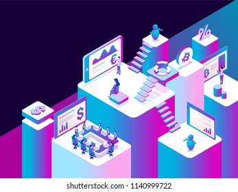 Virtual to real money exchange platform with 3d illustration of working people or executive process the data, isometric design for web template.