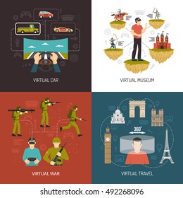 Virtual reality 2x2 design concept set of car war museum and travel VR games icons collection flat vector illustration   