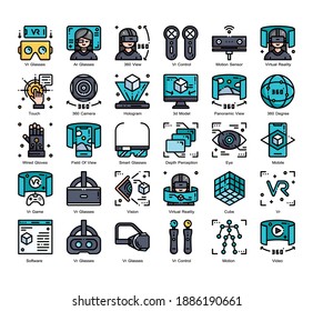 Virtual Reality 30 Color Filled outline icons set. Icon design for UX, UI, web, app, brochure, flyer, presentation design, etc. vector and illustration.