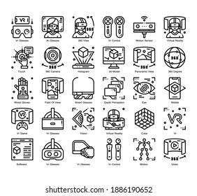 Virtual Reality 30 Outline icons set. Icon design for UX, UI, web, app, brochure, flyer, presentation design, etc. vector and illustration.