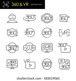 Virtual reality & 360 degrees panoramic view symbol icon set, thin line stroke style. Action camera and gaming helmet.
