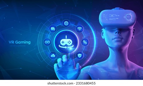 Virtual reality 3D gaming. VR and AR game technology futuristic concept. Girl wearing VR headset glasses touching digital interface with Gaming icon. Metaverse technology. Vector illustration.