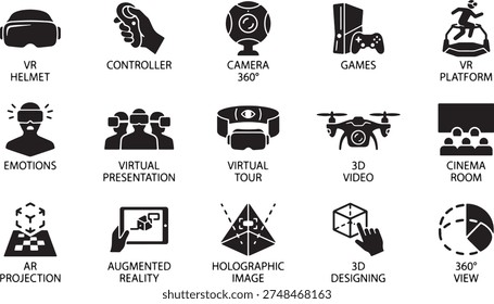 Virtual reality and 3D technology icons including VR helmet controller 360 degree camera games VR platform emotions virtual presentation virtual tour 3D video cinema room AR projection augmented reality holographic image 3D designing 360 degree view