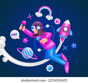 Virtual reality. 3d vector woman holding game console controller, with rocket and planet ornament