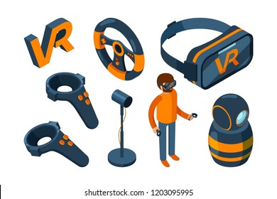 Virtual reality 3d. Vr game futuristic helmet and digital glasses augmentation headset vector isometric. 3d vr device, helmet and joystick, mask for simulation virtual illustration