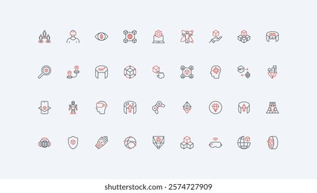 Virtual reality and 3D world, metaverse, game and entertainment devices line icon set. VR glasses and headset, 360 degree panorama, robot thin black and red outline symbols vector illustration