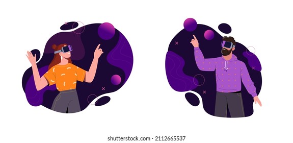 Virtual reality abstract concept. Man and woman wearing digital glasses travel in metaverse or outer space. Modern technologies for entertainment. Cartoon flat vector set isolated on white background