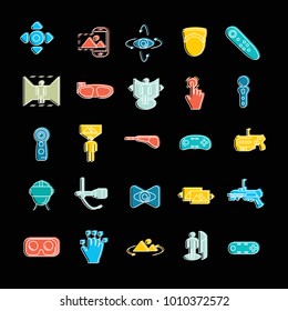 Virtual reality and accessories doodle icons set isolated on black background. Vector illustration with virtual reality, helmet, vr weapon, web icons in doodle style.