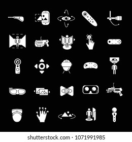 Virtual reality and accessories icons set isolated on black background. Vector illustration with virtual reality, helmet, vr weapon, web icons in white simple silhouette style.