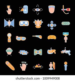 Virtual reality and accessories line icons set isolated on black background. Vector illustration with virtual reality, helmet, vr weapon, web icons in cartoon style.