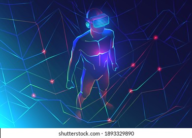 Virtual reality adventure. Man wearing vr headset in abstract digital world with polygonal forms. Vector illustration