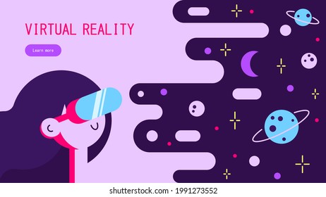 Virtual reality adventure. VR banner, web concept. Girl using a virtual reality VR headset and experiencing exciting experiences in the virtual world. Vector illustration. 