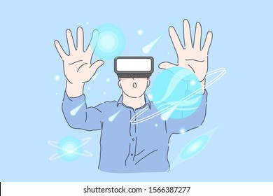 Virtual reality, AI, Business Future concept. Young successful man, businessman designs plan or project in virtual reality at office. Smart guy, clerk developing navigation system. Simple flat vector.