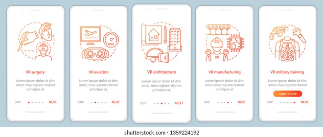 Virtual reality applications onboarding mobile app page screen with concepts. VR production, aviation, military, surgery walkthrough steps graphic instructions. UX, UI, GUI vector template with icons