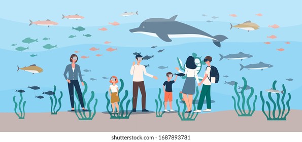 Virtual reality aquarium - cartoon people wearing VR glasses looking at fish around them in giant oceanarium tank. Futuristic technology - flat vector illustration,