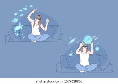 Virtual reality, AR technology, immersive experience concept. Amazed girl wearing VR headset, young woman exploring sealife and cosmos in cyberspace, modern digital entertainment. Simple flat vector