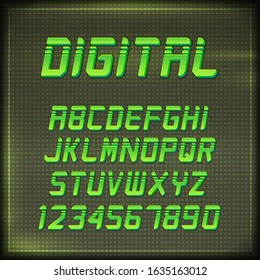 Virtual Reality Arcade Font. Stylish Retro Synth Wave Alphabet In 80s Style. Vector Font On CRT Display Background