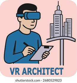 Arquitecto de Realidad Virtual. Icono de un arquitecto de realidad virtual diseñando edificios y mundos digitales. Simboliza el metaverso y las futuras profesiones del diseño.
