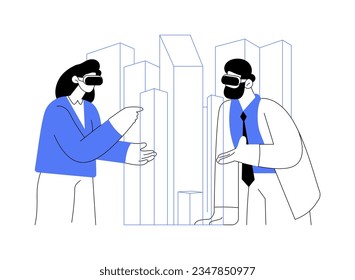 Virtual reality in architecture abstract concept vector illustration. Colleagues in VR glasses discuss architecture presentation, new design project, augmented reality abstract metaphor.