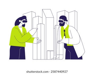 Virtual reality in architecture abstract concept vector illustration. Colleagues in VR glasses discuss architecture presentation, new design project, augmented reality abstract metaphor.