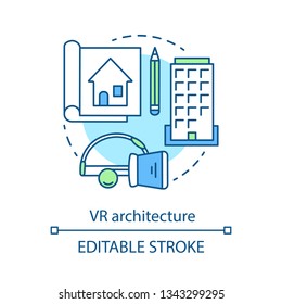 Virtual reality architecture concept icon. VR 360 degrees workplace. Building development. Presentation 3D architect project idea thin line icons. Vector isolated outline drawing. Editable stroke