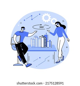 Virtual reality in architecture isolated cartoon vector illustrations. Colleagues in VR glasses discuss architecture presentation, new design project, augmented reality vector cartoon.