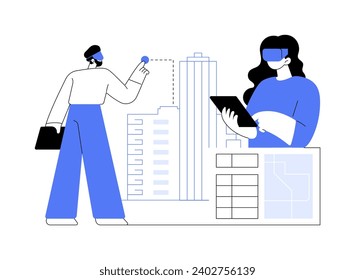 Virtual reality in architecture isolated cartoon vector illustrations. Colleagues in VR glasses discuss architecture presentation, new design project, augmented reality vector cartoon.