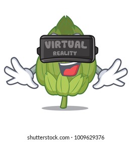 With virtual reality artichoke mascot cartoon style