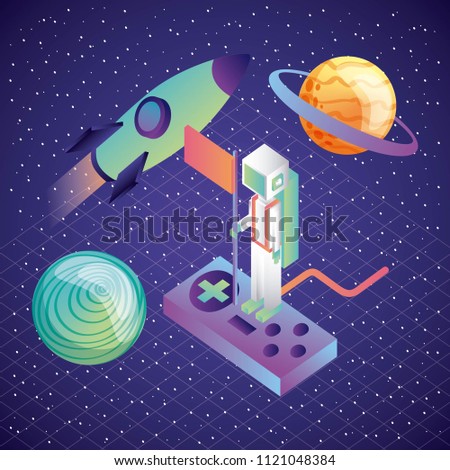 virtual reality astronaut on control game rocket and planets galaxy