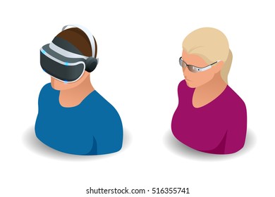 Virtual reality or augmented reality concept.  Flat vector head-mounted displays icon set. Virtual and augmented reality gadgets. Glass and gaming cyber application innovation