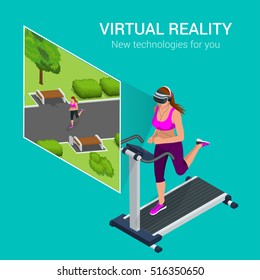 Virtual Reality Or Augmented Reality Concept. Girl Wearing Glasses Run On Simulator. New Technology For You. Sport Collection. Flat Isometric Vector Illustration