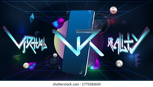 Virtual reality and Augmented reality concept. Shapes for mobile app. VR logo layout with 3d smartphone. Modern banner for web design. Futuristic poster with VR neon. Vector illustration